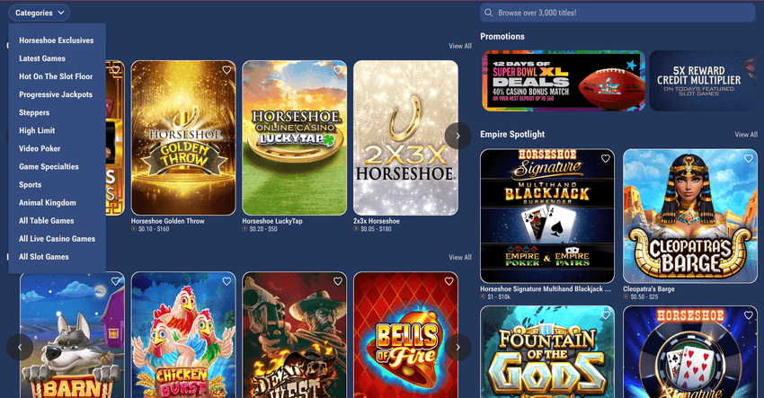 Screenshot of Horseshoe casino games section
