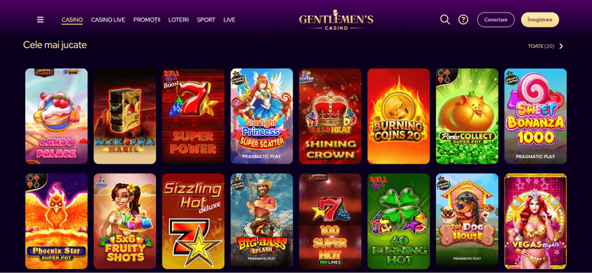 Pagina de casino GP Casino cu secțiunea „Cele mai jucate” și o selecție de sloturi populare