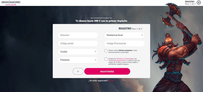 Registro Gran Casino Madrid paso 3 Formulario de registro paso 3 en Gran Casino Madrid solicitando dirección fiscal y código postal.