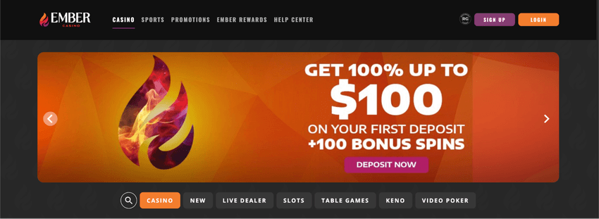 Ember Casino West Virginia homepage featuring the $100 first deposit match and 100 bonus spins welcome offer.