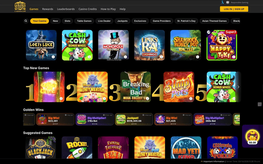 Golden Nugget Online Casino Main Page Golden Nugget Online Casino homepage featuring casino promotions, featured games, and navigation options.