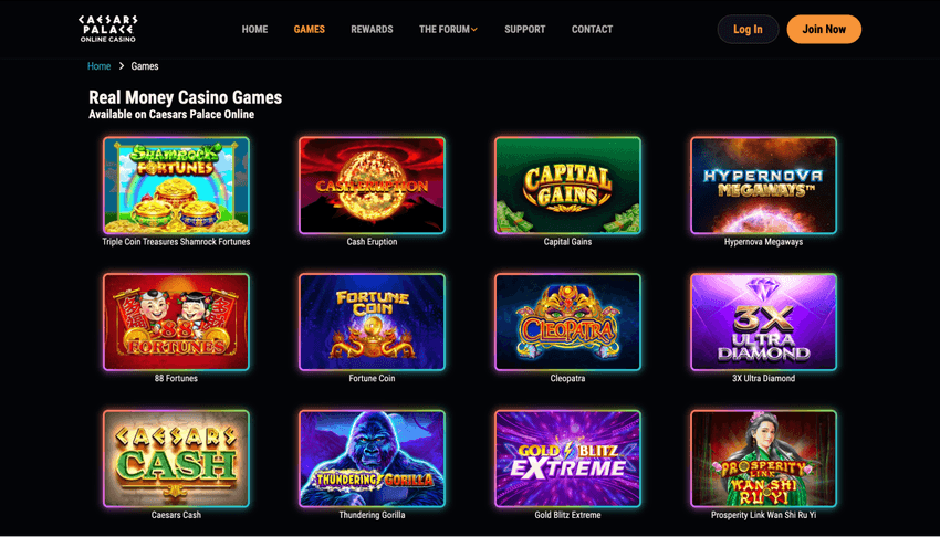 Caesars Palace Online Casino West Virginia real money games section featuring slots, table games, and other casino titles.