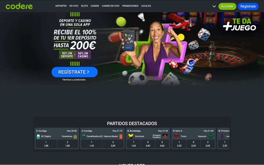 Página principal de Codere España – Casino online y apuestas deportivas Captura de la página principal de Codere España con promociones de bienvenida, acceso a apuestas deportivas, juegos de casino online, slots, ruleta en vivo y banners promocionales.