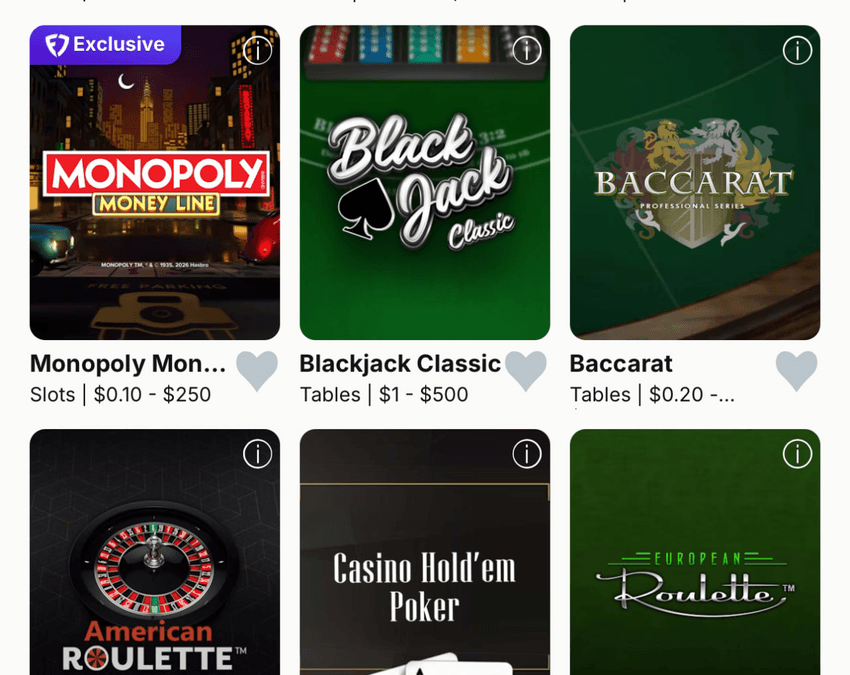 NetEnt table games at FanDuel including Blackjack Classic, Baccarat and roulette