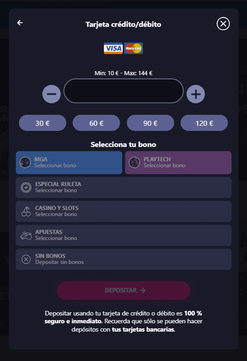 Pantalla de depósito con tarjeta Mastercard en Casino Gran Madrid mostrando importes y selección de bonos.