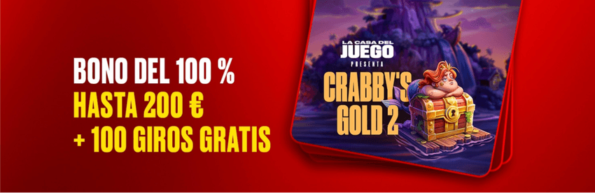 Promoción de PokerStars con bono del 100 % hasta 200 euros y 100 giros gratis asociados a Crabby's Gold 2.