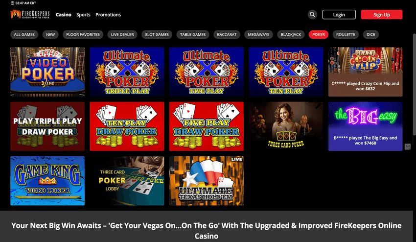 FireKeepers Poker Games FireKeepers Casino poker section featuring video poker, draw poker, Ultimate Texas Hold’em, and Three Card Poker.