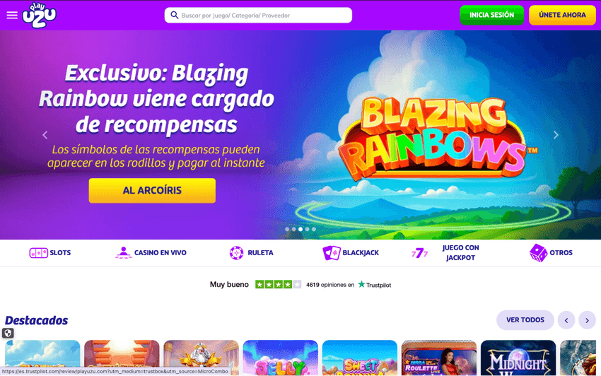 Captura de pantalla de PlayUZU con tragamonedas y promociones sin requisitos de apuesta