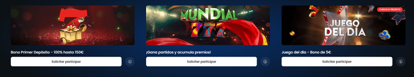 Promociones de bienvenida del Casino777 Panel interactivo del catálogo promocional de Casino777 con tres banners dedicados al Bono de Primer Depósito (100% hasta 150€), el torneo "¡Gana partidos y acumula premios!" de temática mundial y la campaña diaria "Juego del Día".