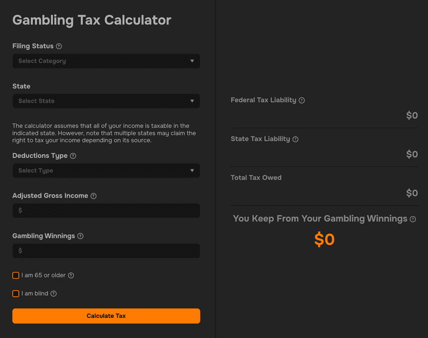 Gambling Winnings Tax Calculator Jackpot Sounds gambling tax calculator with fields for filing status, state, income, gambling winnings and estimated tax liability