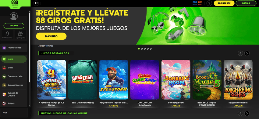 Inicio 888casino España – Promoción 88 giros gratis Página principal de 888casino España con promoción de 88 giros gratis al registrarse.