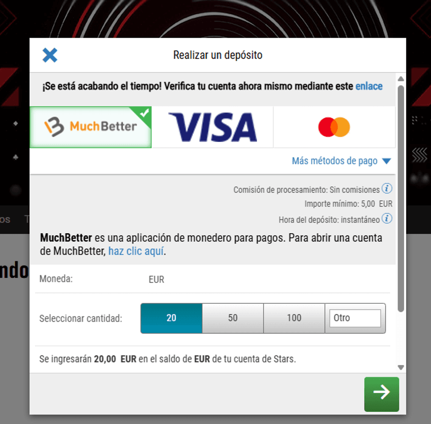 Depositar con MuchBetter en PokerStars Ventana de depósito de PokerStars mostrando MuchBetter como método de pago disponible.