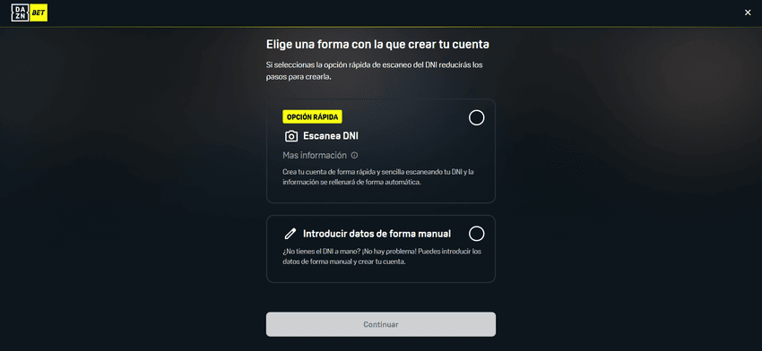 Registro en DAZN Bet Proceso de registro en DAZN Bet con opción de escanear el DNI o introducir los datos manualmente.
