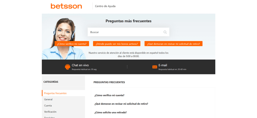 Centro de ayuda de Betsson con preguntas frecuentes, chat y correo electrónico