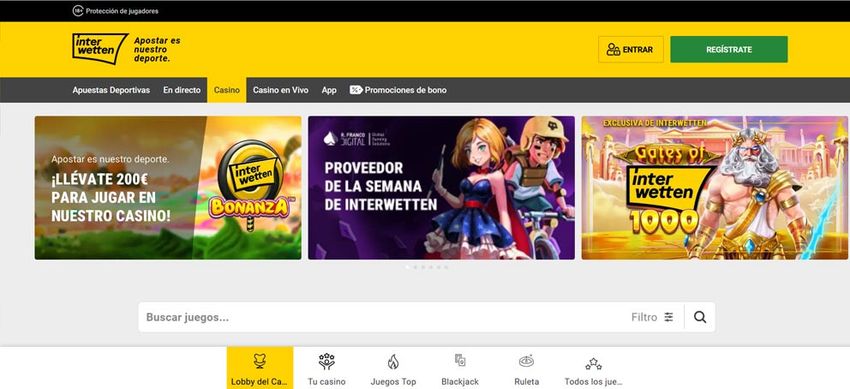 Página de inicio del casino Interwetten España con promociones y acceso a juegos