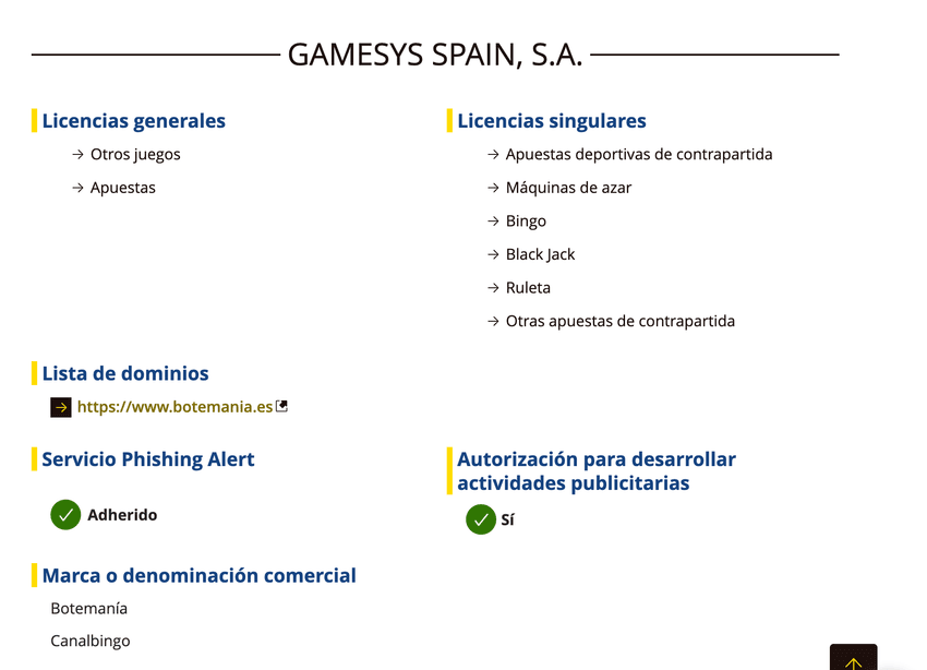 Licencias oficiales de Botemanía Información regulatoria de Gamesys Spain S.A. con licencias de juego y dominios autorizados por la DGOJ.
