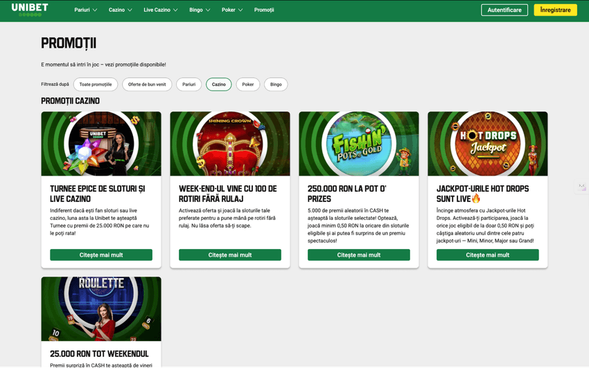 Promoții Unibet cu bonusuri cazino și jackpoturi active