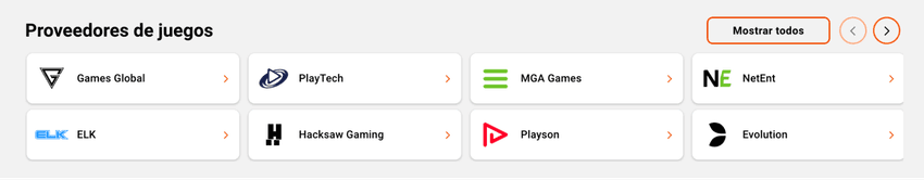 Lista de proveedores de software en LeoVegas, incluyendo Playtech, Evolution, NetEnt y Hacksaw Gaming.