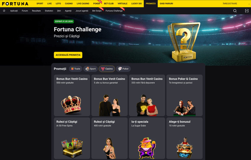 Pagina de promoții Fortuna Casino cu bonusuri active