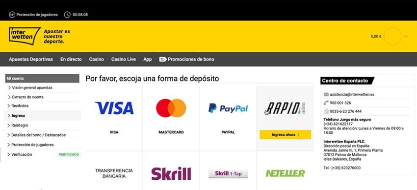 Área de usuario Interwetten con opciones de depósito y verificación de cuenta