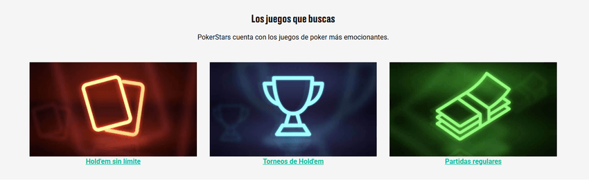 Sección de juegos de póker en PokerStars España