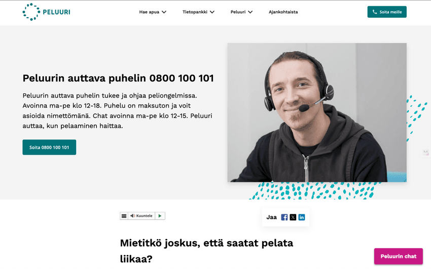 Peluuri-verkkosivuston etusivu