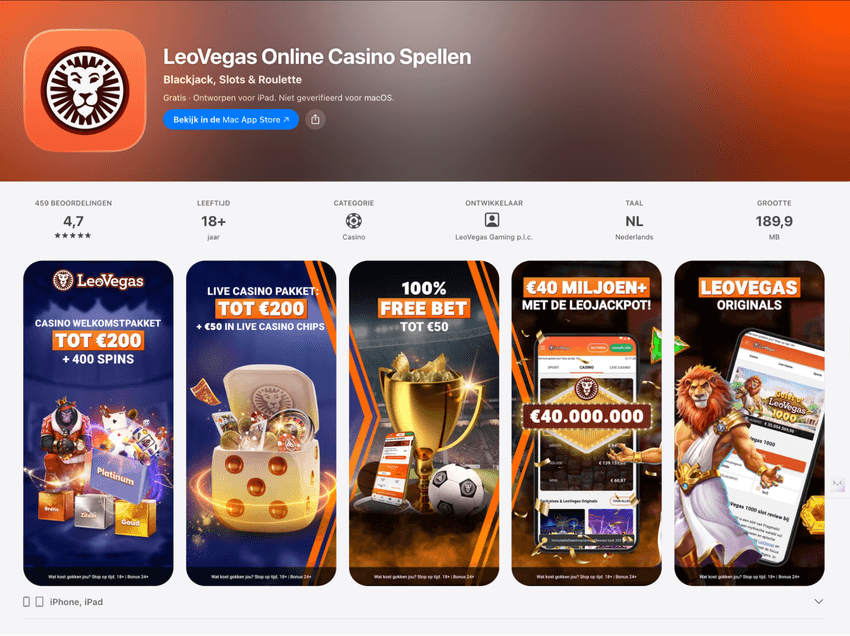 Screenshot van de LeoVegas Casino app in de AppStore