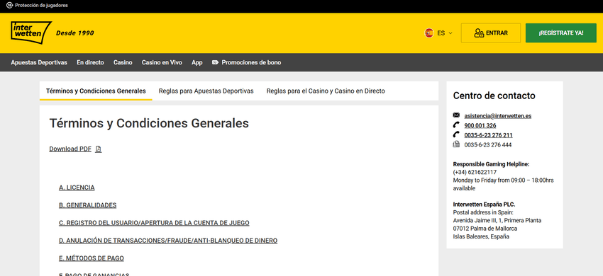 Página de términos y condiciones generales de Interwetten España