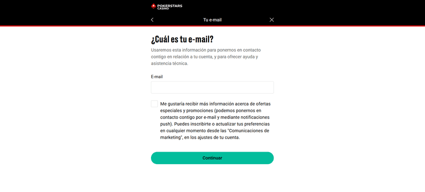 Pantalla para introducir correo electrónico durante el registro en PokerStars.