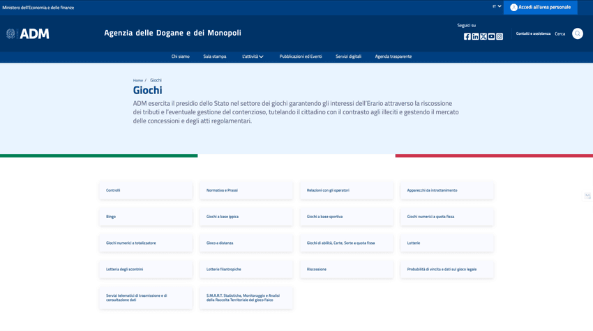 Sezione Giochi sul sito ADM