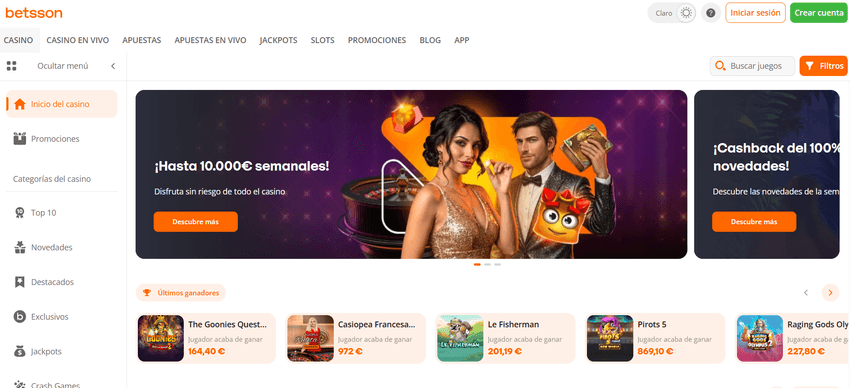 Lobby principal de Betsson Casino España con juegos y últimos ganadores