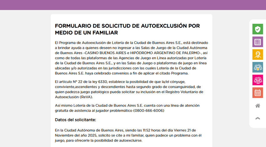 Solicitud de autoexclusión por familiar en LOTBA Formulario LOTBA de autoexclusión familiar