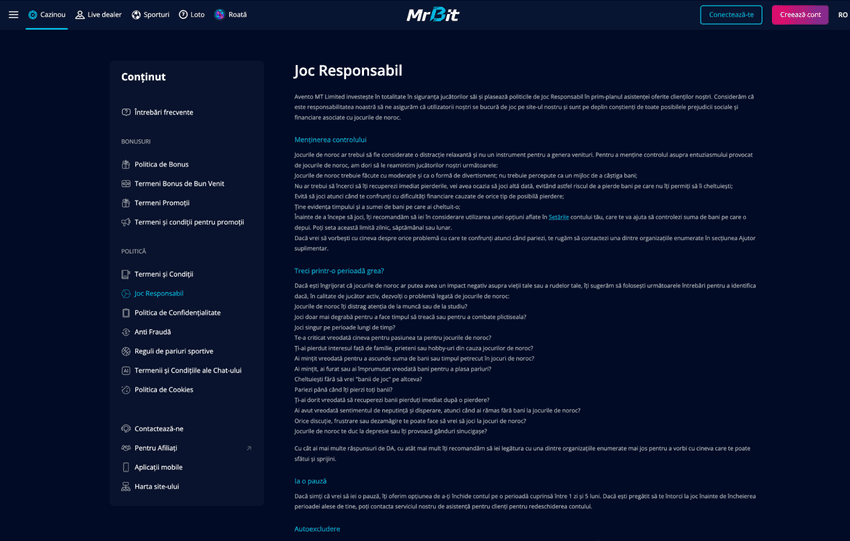 Pagina de joc responsabil Mr Bit