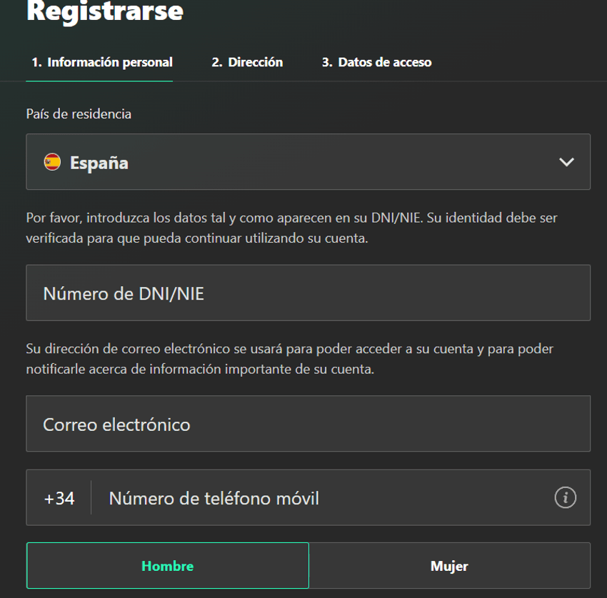 Formulario de registro en Bet365 con DNI o NIE y datos personales del usuario