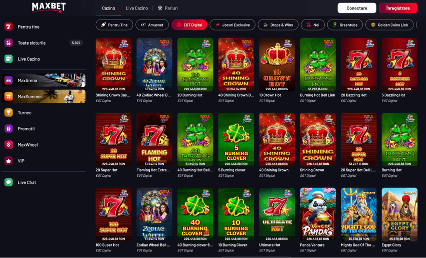Jocuri EGT Digital la MAXBET Categorie EGT Digital la MAXBET cu Shining Crown, Burning Hot, 20 Super Hot, Flaming Hot și 40 Burning Clover.