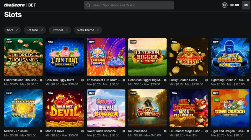 theScore Bet Slot Games Collection theScore Bet slot games lobby featuring jackpot slots, new releases, provider filters, and themed categories.