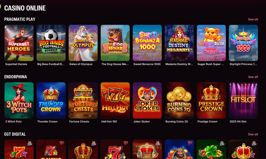 Βιβλιοθήκη παιχνιδιών του Superbet Casino με τίτλους από Pragmatic Play, Endorphina και EGT Digital.