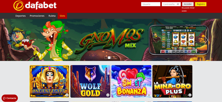Catálogo de tragamonedas de Dafabet Lobby de Dafabet Slots con una selección de tragamonedas como Ancient Egypt, Wolf Gold, Sweet Bonanza y La Mina de Oro Plus.