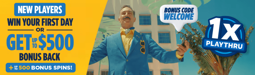 BetRivers Casino welcome bonus: win on your first day or get up to $500 bonus back, plus up to 500 bonus spins