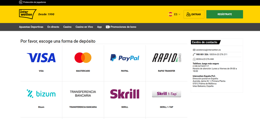 Métodos de depósito de Interwetten con Visa, Mastercard, PayPal, Bizum y Skrill