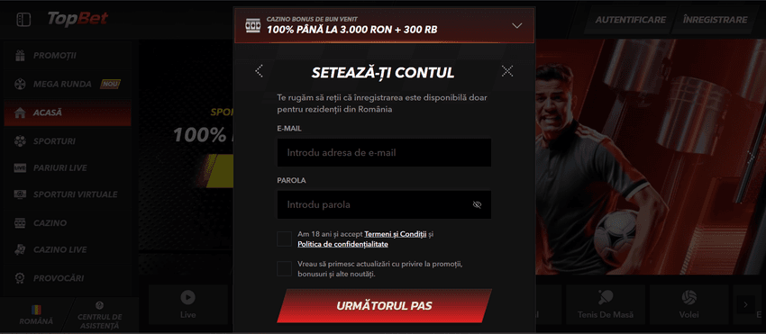 Formular de înregistrare TopBet pentru crearea contului
