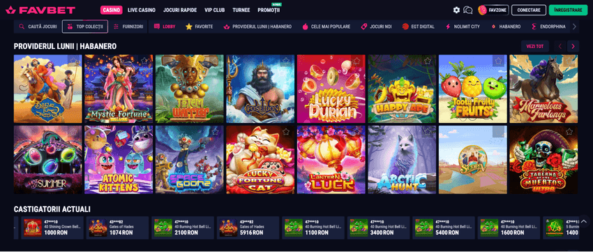 Lobby-ul Favbet Casino cu jocuri Habanero, sloturi populare și câștigători recenți