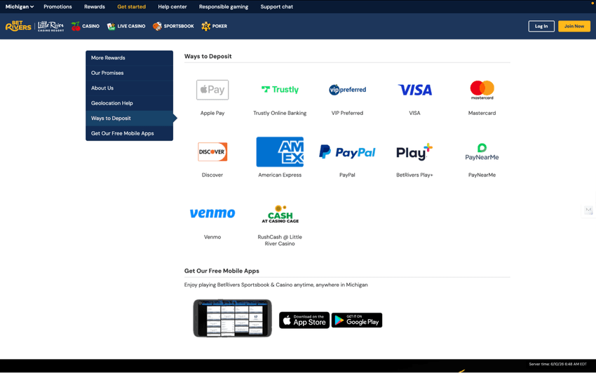 BetRivers Michigan banking page displaying deposit methods and account funding options