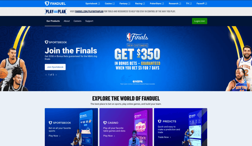 FanDuel Casino and Sportsbook FanDuel website featuring its Casino, Sportsbook and other online gaming products