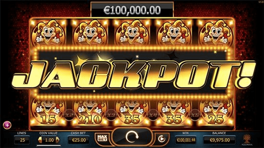 Οθόνη του Joker Millions με πλήρες πλέγμα από τζόκερ και προοδευτικό τζάκποτ €100.000.