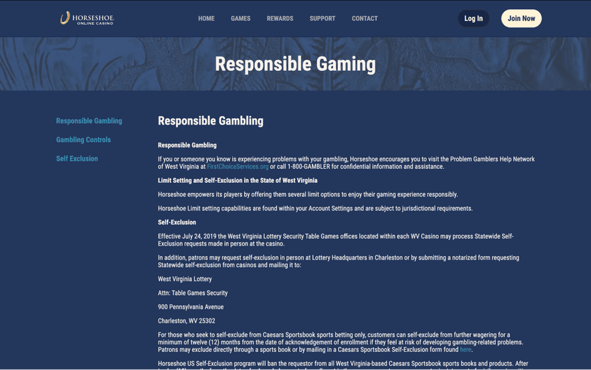 Responsible Gambling page at Horseshoe Online Casino West Virginia presenting safer gambling tools and support information.