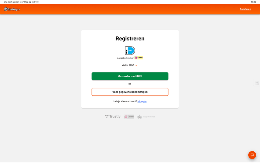 Screenshot van het registratieproces bij LeoVegas Casino Nederland
