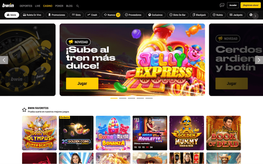 Captura de la sección de casino de Bwin España mostrando promociones, categorías de juego y tragamonedas populares.
