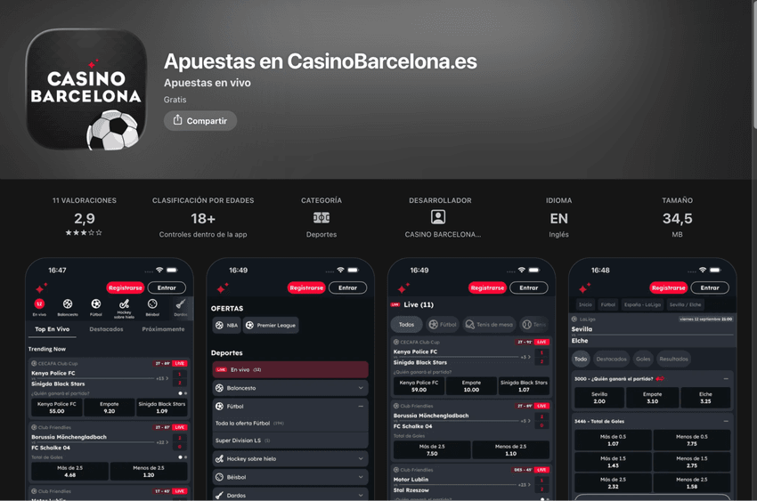 App de apuestas deportivas de Casino Barcelona Ficha de la aplicación de apuestas deportivas de Casino Barcelona con capturas de pantalla y valoración de usuarios.