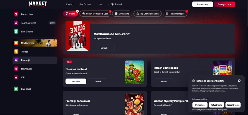 Pagina de promoții MaxBet Casino cu MaxBonus de bun venit și alte oferte active
